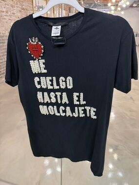 Black Short Sleeve Tee with Pearl Lettering and Red Heart